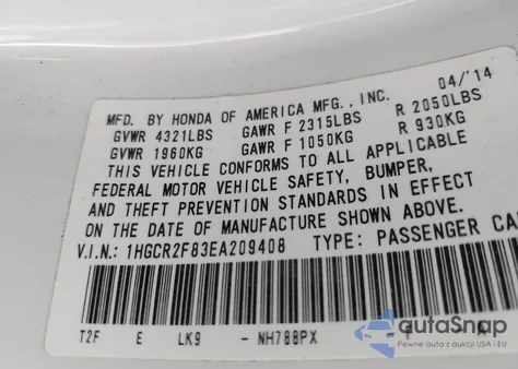 2014 Honda Accord Ex-L from USA, damaged, VIN 1HGCR2F83EA209408